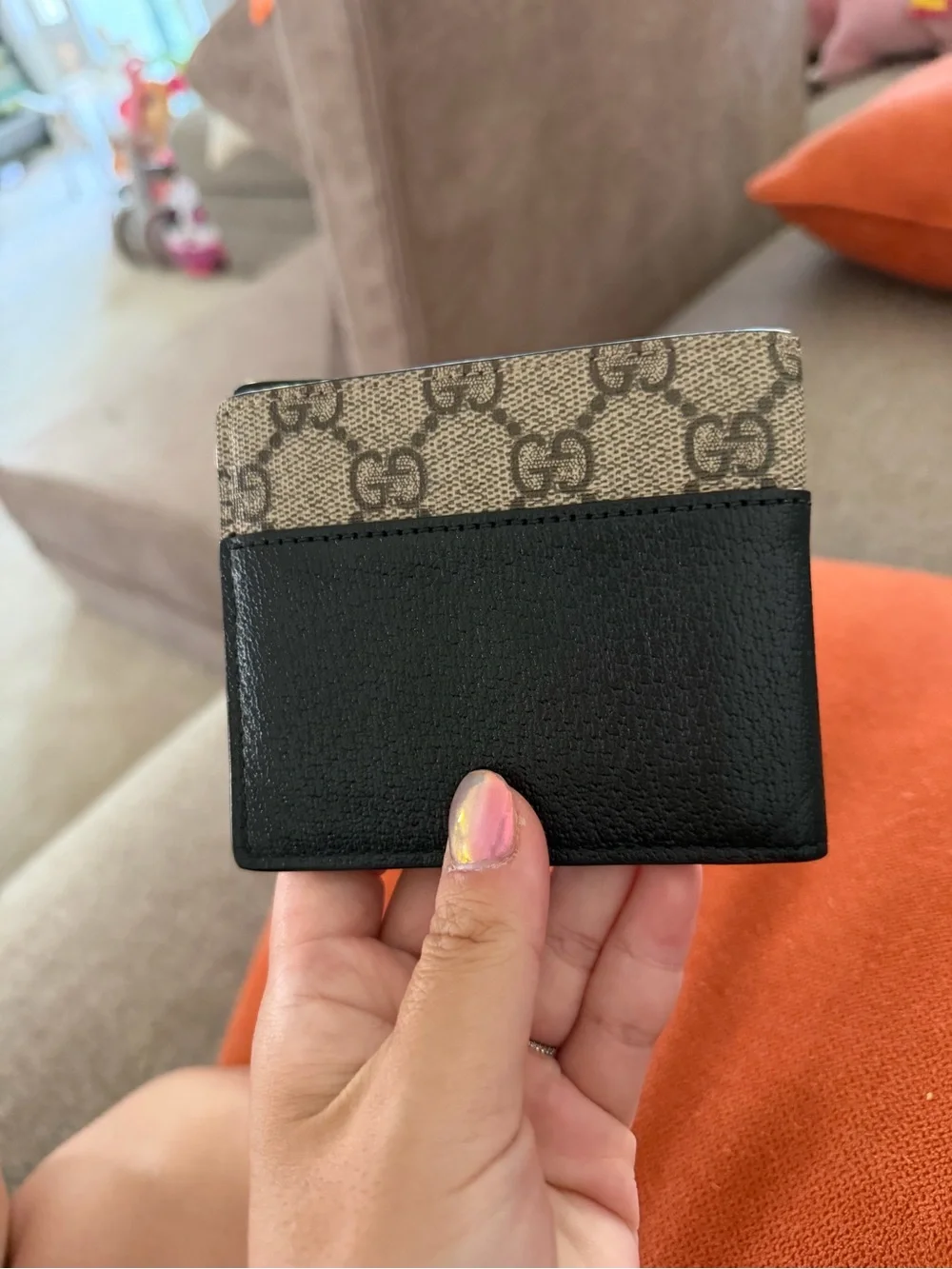 Gucci Beige Monogram & Black Leather Bifold Wallet